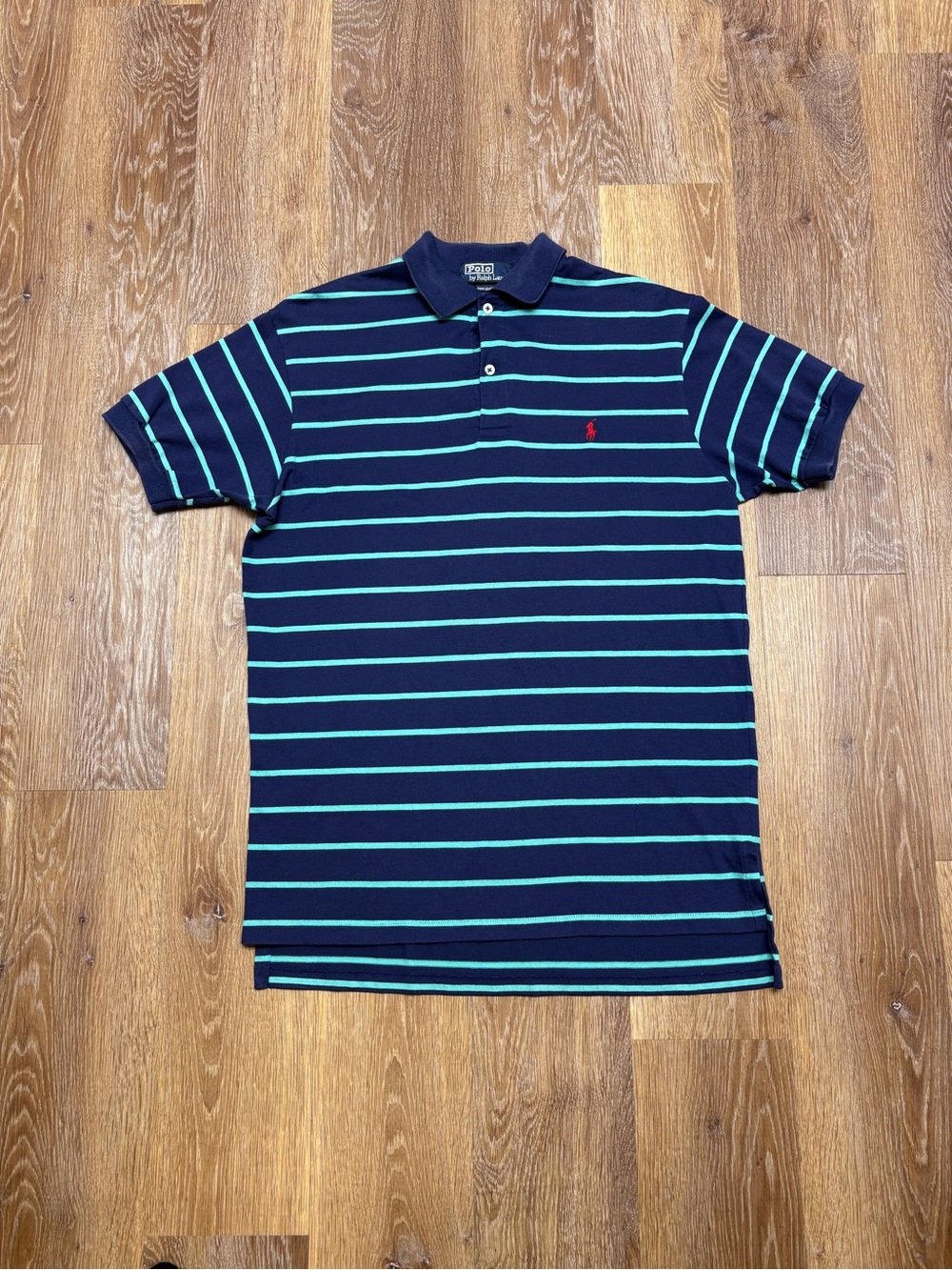 Ralph Lauren Navy Polo with Aqua Stripes and Red Pony